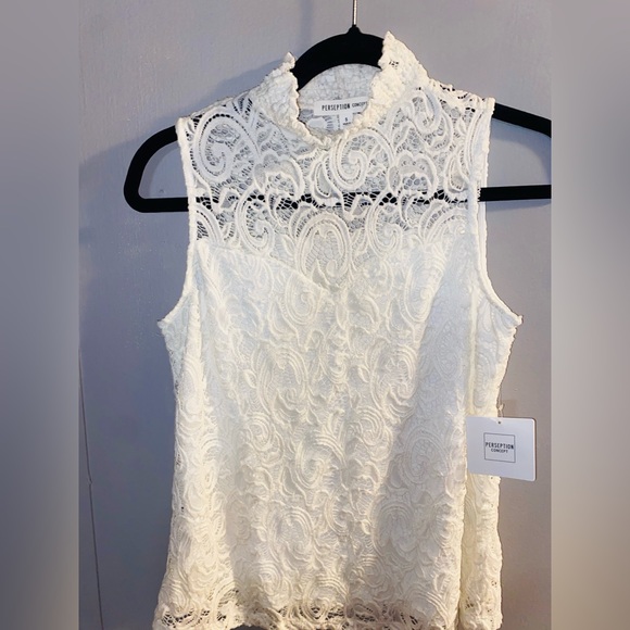 PerSeption Concept Tops - PerSeption Concept White Lace Mandarin Collar Blouse